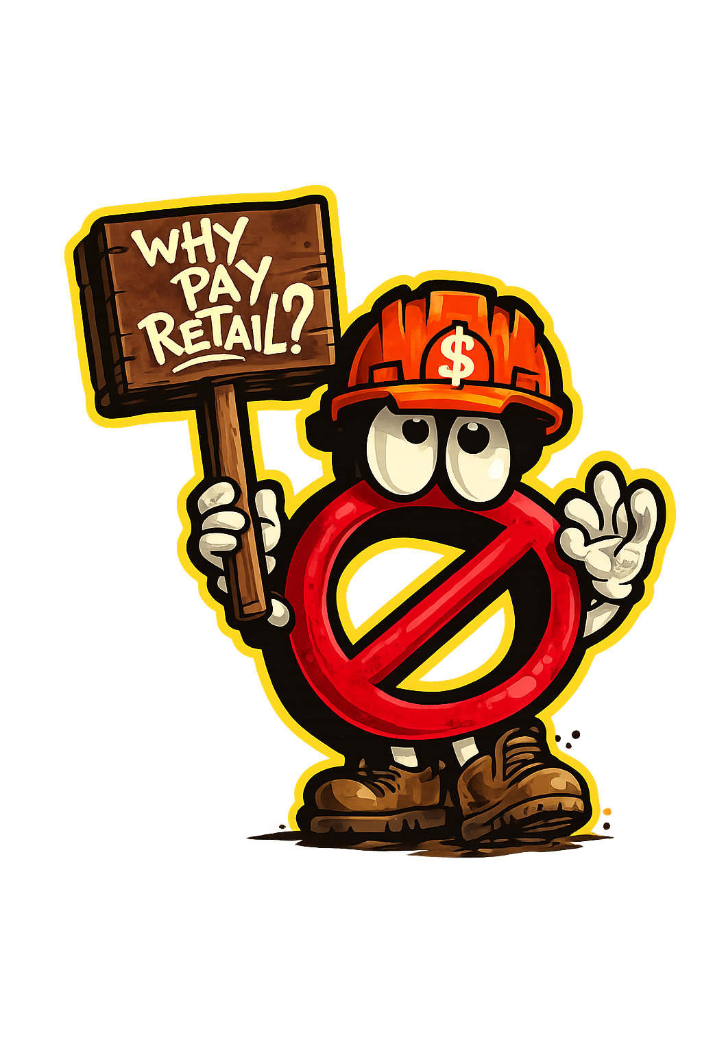 Cartoon mascot in hard hat holding a Why Pay Retail? sign
