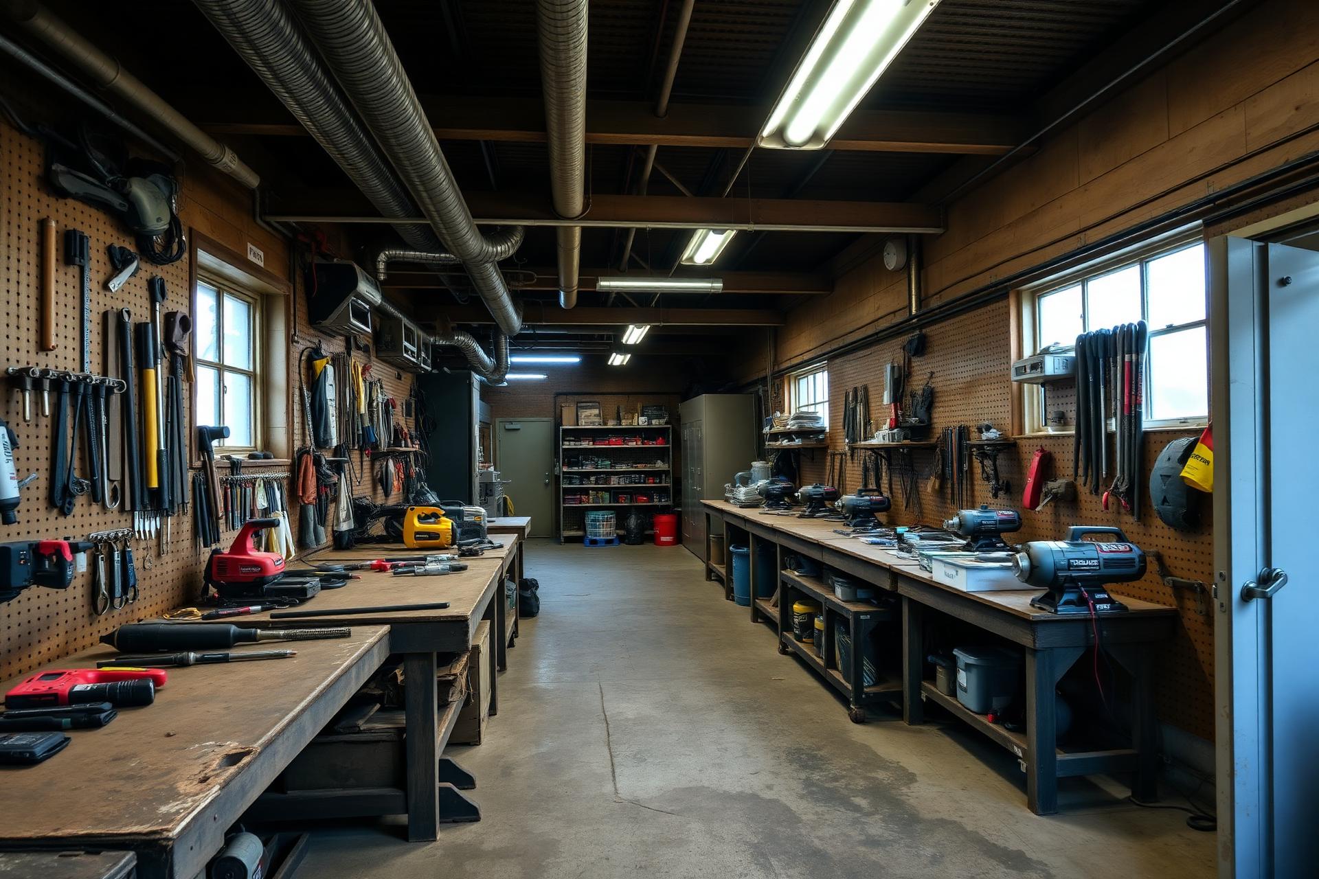 Interior of a well-stocked contractor's workshop with tools on pegboard walls